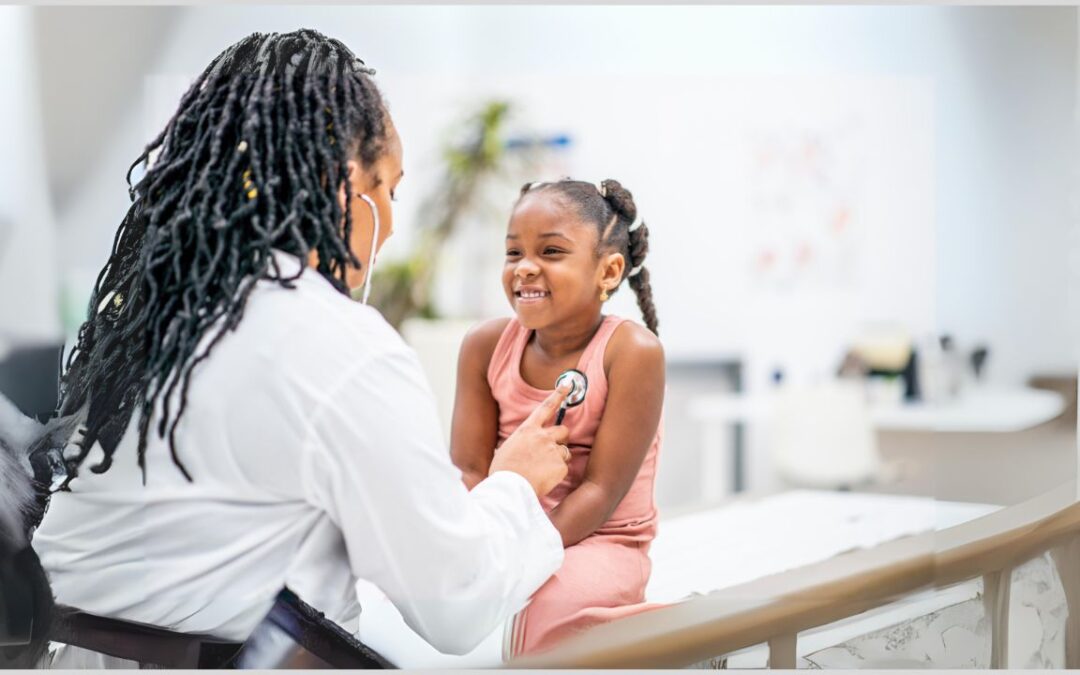 Healthcare professional examining a girl with autism