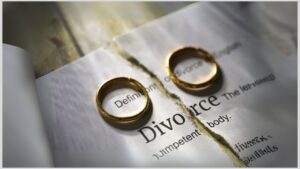 Divorce document torn in half with wedding ring on each half. Effects of divorce on children with autism