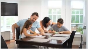 Parents sitting at table with boy and girl working on schoolwork. Would homeschooling be a good option for your autistic child?